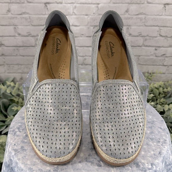 Clarks Collection Elaina Leather Pewter Espadrille Comfort Slip-on WMS 10M🩶EUC - Picture 3 of 10